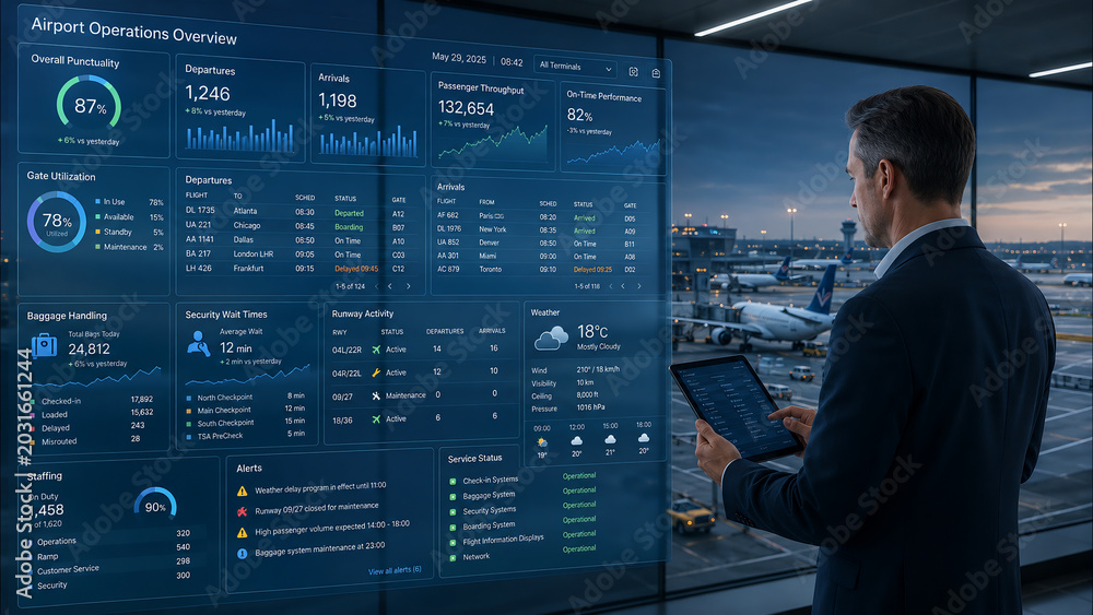 Airport Operations Manager Monitoring Real-Time Flight Data and Logistics on Digital Dashboard HUD