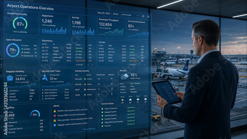 Airport Operations Manager Monitoring Real-Time Flight Data and Logistics on Digital Dashboard HUD