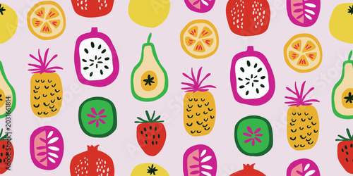 Seamless tropical fruit pattern with pineapple, orange, lemon, guava, strawberry, kiwi, and pomegranate arranged in stylish rows on a soft pink background, trendy Scandinavian inspired cutout repeat