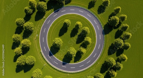 Aerial view of a perfectly circular road roundabout surrounded by lush green grass and numerous trees, creating a harmonious natural landscape.