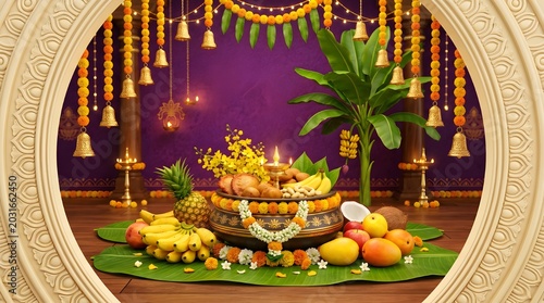 Traditional fruit offering arrangement with bananas, oranges, and flowers in decorative brass tray at ceremonial altar