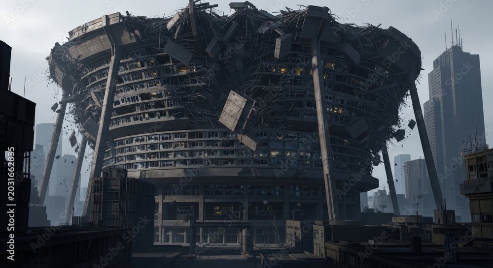 Fototapeta premium A large, circular, heavily damaged building stands in a desolate, post-apocalyptic city landscape, with debris and structural ruins.