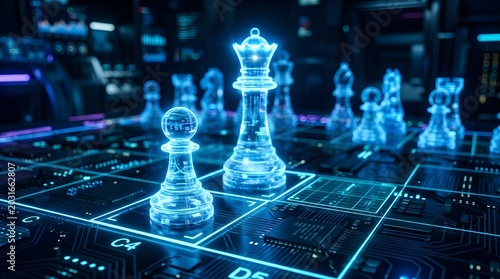 3D chess pieces glowing on digital circuit board with futuristic technology background