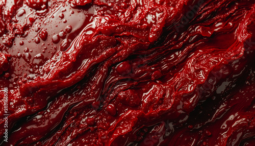 Closeup congealing blood sticky crimson red background