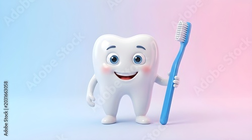 3D cartoon tooth character brushing teeth with blue toothbrush on pink background