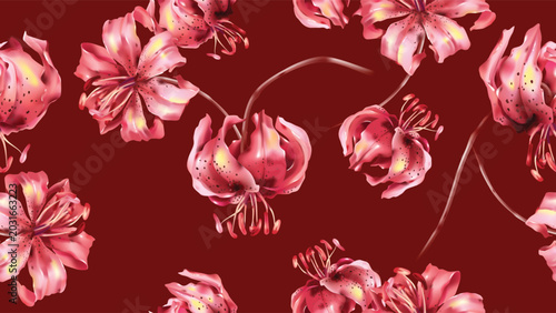 Floral seamless pattern featuring watercolor-style red Lilium chalcedonicum l...