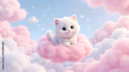 White fluffy kitten sitting on pink cotton candy clouds in dreamy sky background