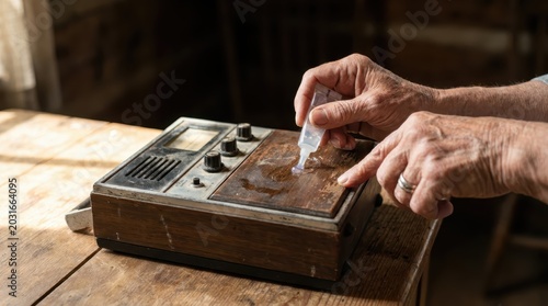 Hand applying conductive electrode gel on vintage ghost hunting device