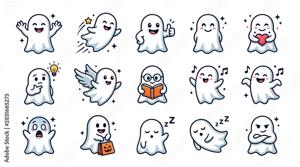 Fototapeta premium Cute Ghost Character Collection Kawaii Halloween Spirit Mascot Vector