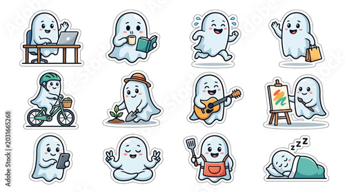 Cute Ghost Character Sticker Set for Daily Activities and Hobbies