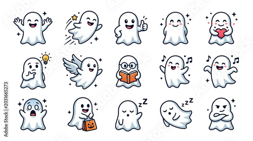 Cute Ghost Character Collection Kawaii Halloween Spirit Mascot Vector