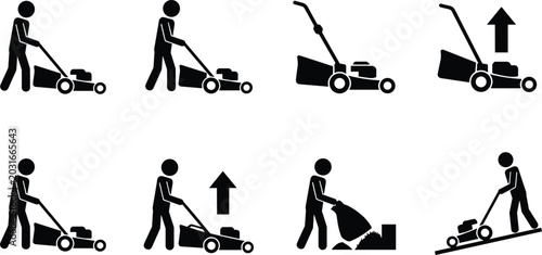 Tableau sur toile Lawn mower operation vector illustration showing people mowing grass, adjusting
