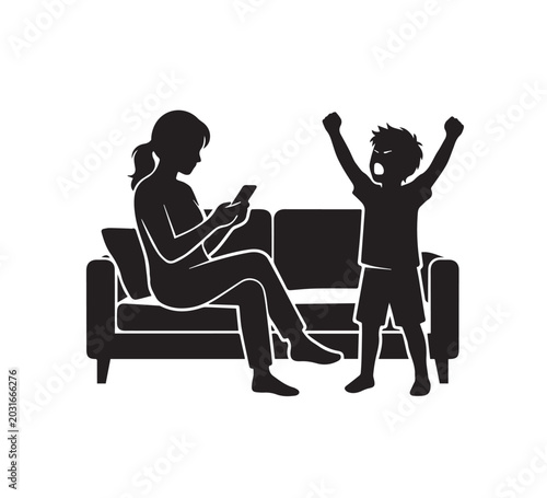 Illustrative silhouette portraying modern parental distraction as a mother focuses on her smartphone while her child's need for attention goes unmet