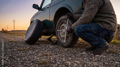 Fotografie Man diligently changing a flat tire on an old car at sunset, showcasing roadside emergency repair work