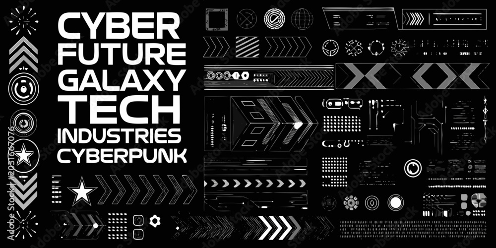 Fototapeta premium cyberpunk graphic elements collection futuristic technology shapes in black and white