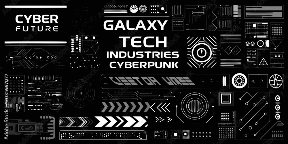 Fototapeta premium cyberpunk vector elements collection with futuristic tech and industrial design on black