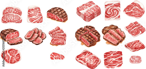Bild auf Leinwand Various Cuts of Raw and Cooked Beef Steaks and Roasts, Hand-Drawn Illustration Set