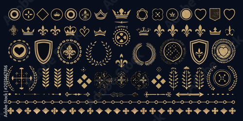 Photos Collection of ornate gold emblems including crowns shields and laurel wreaths on