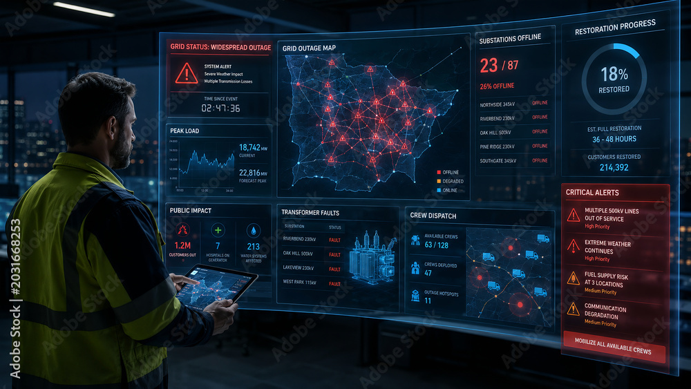 Engineer Monitoring Widespread Power Grid Outage on Advanced Digital Display in Control Room.