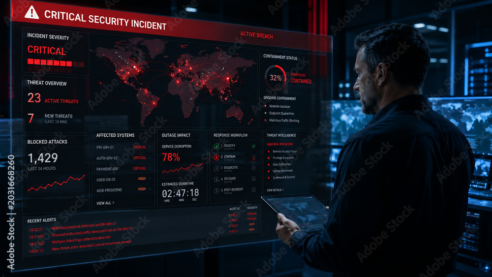 Cybersecurity professional monitoring a critical security incident dashboard with global threat map and data breach alerts in a dark server room.