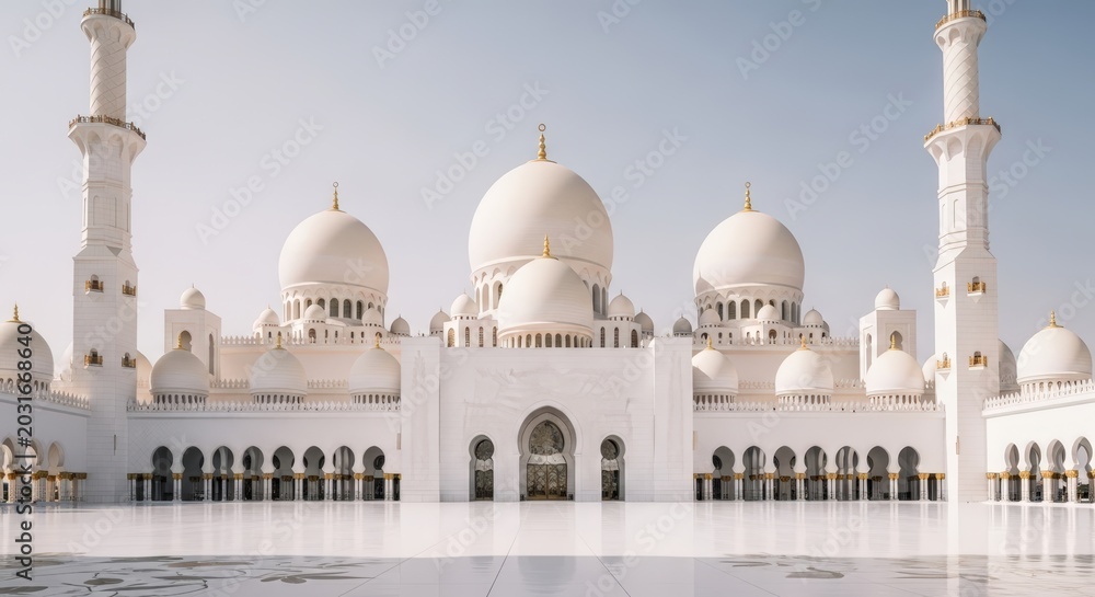 Obraz premium Sheikh Zayed Grand Mosque in Abu Dhabi UAE showcasing stunning Islamic architecture and serene atmosphere at daytime.