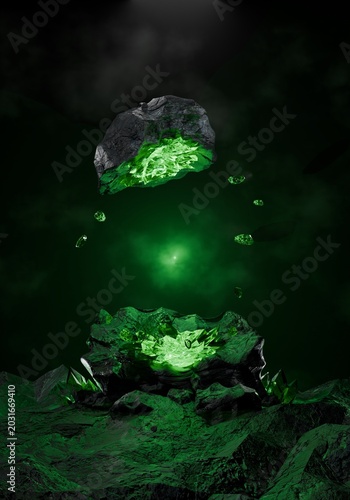 A futuristic 3D rendered podium platform surrounded by floating neon green glowing crystal rocks, perfect for eco-tech product presentation with dark moody background.