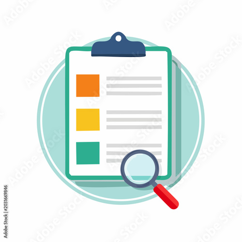 Clipboard with Magnifying Glass and Checklist