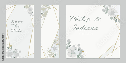 Foto watercolor floral frames with gold foil accents triptych card design set
