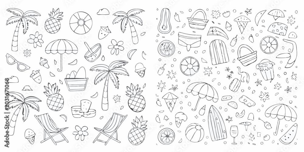 Fototapeta premium hand drawn summer doodle set with tropical fruits beach accessories and floral elements
