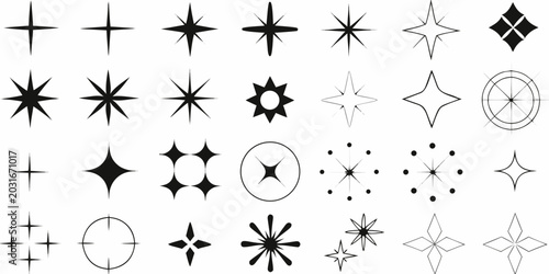 Photos collection of starburst icons and geometric orbital symbols on a white backgroun