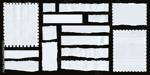 Foto torn notebook paper fragments collage white paper with grid and blank pieces
