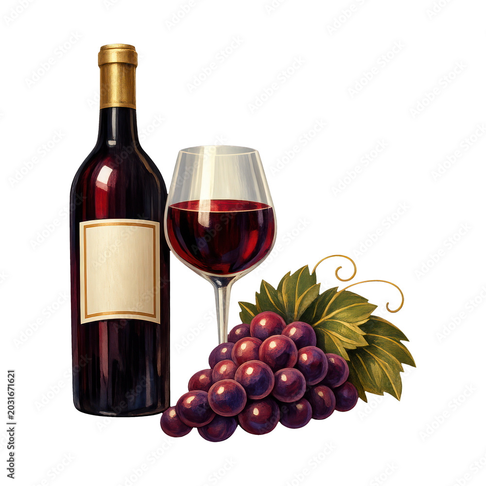 Obraz premium PNG Wine bottle grapes illustration