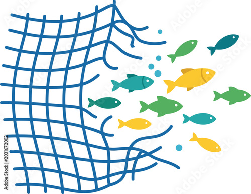 Fotografia School of colorful fish escaping through a torn blue fishing net school of fish