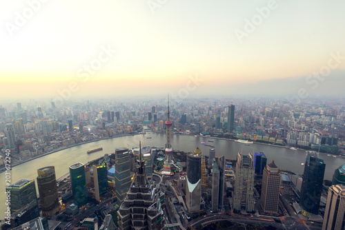 Photography Shanghai skyline and cityscape at sunset.