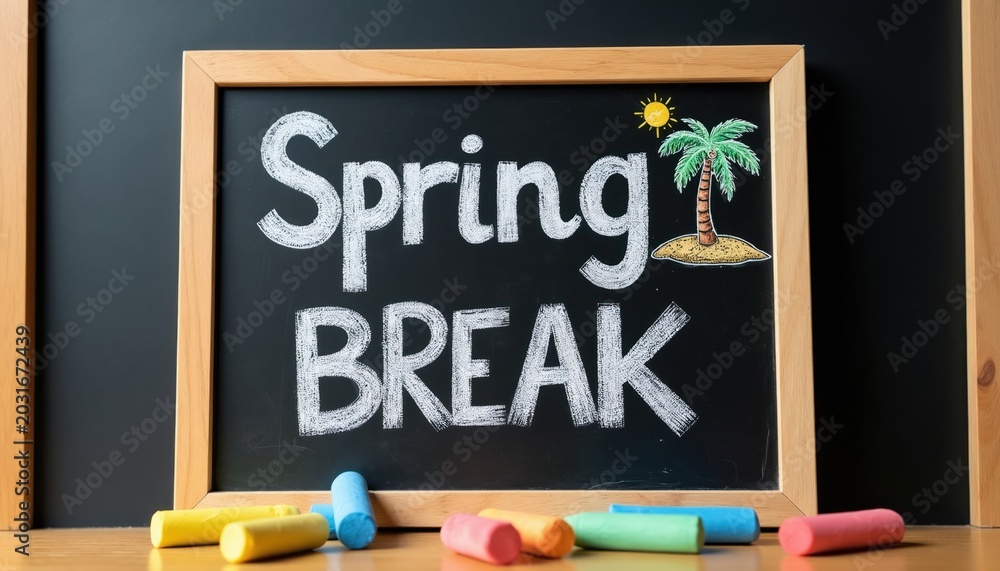 © miss irine - Chalkboard displays Spring Break text with palm tree and sun drawing. Colorful chalk sticks rest on wooden surface. Vacation, fun, and relaxation are suggested. © miss irine - Chalkboard displays Spring Break text with palm tree and sun drawing. Colorful chalk sticks rest on wooden surface. Vacation, fun, and relaxation are suggested.