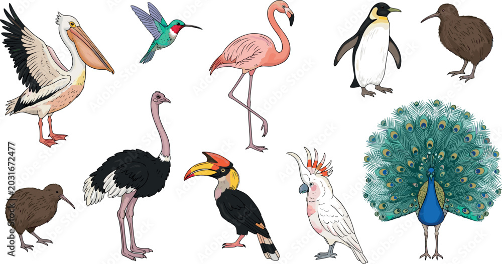Obraz premium Detailed Hand Drawn Exotic Bird Collection with Flamingo Peacock Penguin Toucan Pelican and More Vector Illustration on White Background