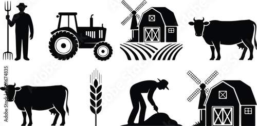 Foto Collection of solid black farm vector symbols including wheat stalks agricultur