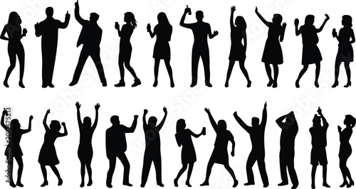 Black and white crowd dance illustration set with festive human silhouettes performing energetic party motions in modern minimalist layout style