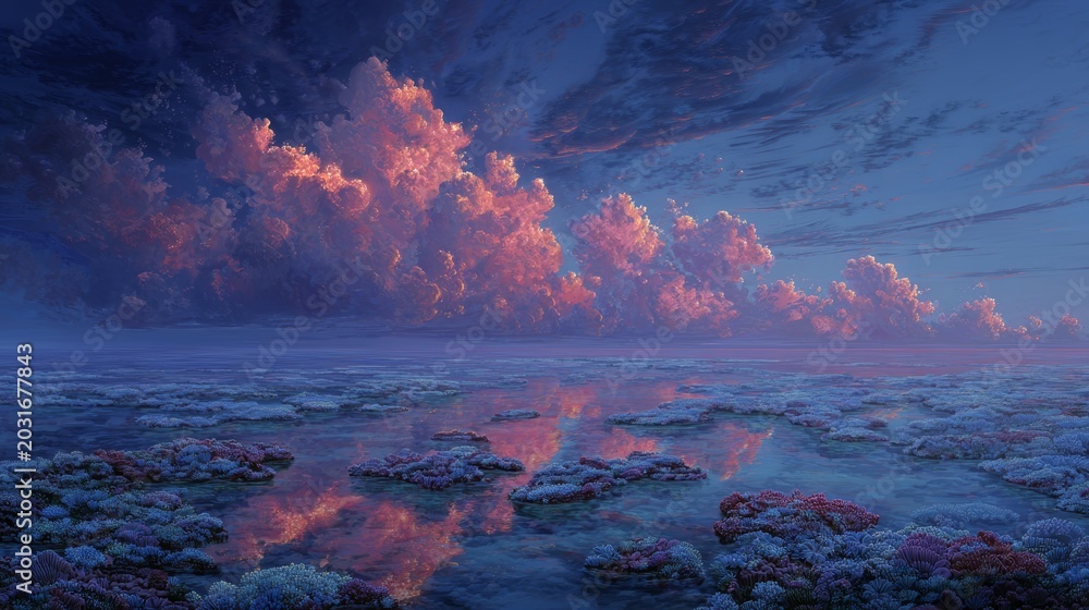 Fototapeta premium Floating coral reef in twilight sky