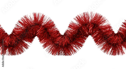 a vibrant, crimson red metallic christmas tinsel garland, densely woven and sparkling, arranged in an elegant wave shape, isolated on a transparent background with ample copy space. concept for