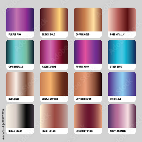 Metallic and Neon Color Gradient Swatch Palette Collection with Shiny Gold, Purple, and Cyber Blue Shimmering Samples Vector Set for mix gradient palette