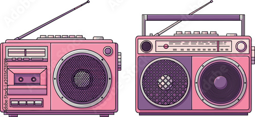 Tableau sur toile Retro Pink Boombox and Radio Vector Set Featuring Vintage 1980s Portable Cassett