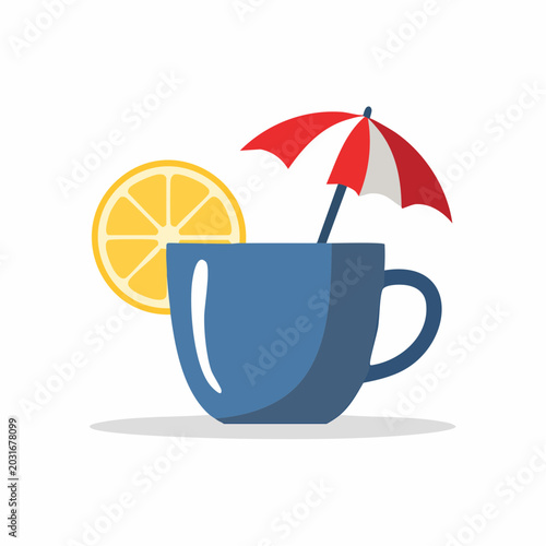Blue cup with lemon slice and umbrella