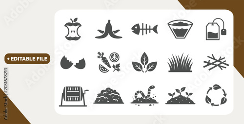 Bild auf Leinwand Organic waste and compost icons arranged in grid on white background