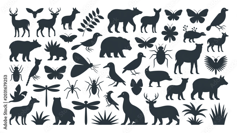 Fototapeta premium Black and white farm animals illustration with various icons Vector