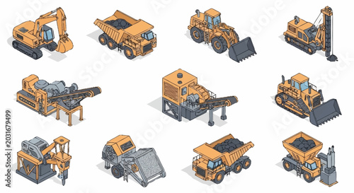 Tableau sur toile Collection of isometric construction and mining heavy machinery vehicles and equipment