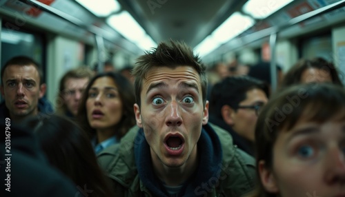 Man looks scared and shocked in packed subway car. People crammed together on urban transport. Tense faces show anxiety and fear of close quarters. Overwhelmed commuters in crowded transit.