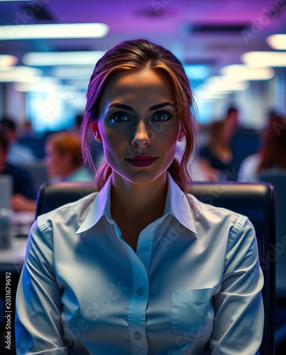 Intense dramatic lighting, cool colors. A professional photograph of a woman in a neat shirt, sitting in an office chair. Blurred background of busy office workers. Natural lighting, candid feel.