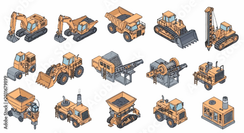 Tableau sur toile Collection of isometric construction and mining heavy machinery vehicles and equipment