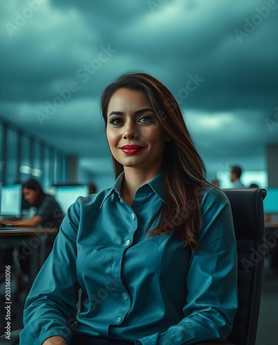 Intense dramatic weather, deep teal tones. A professional photograph of a woman in a neat shirt, sitting in an office chair. Blurred background of busy office workers. Natural lighting, candid feel.
